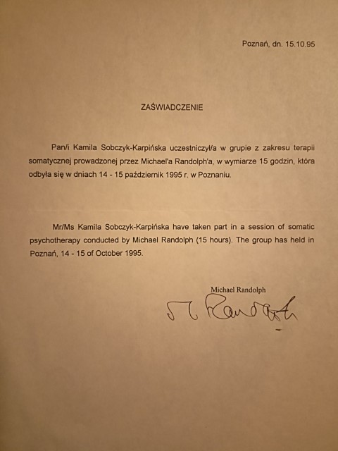 Zaświadcenie uczestnictwa w grupie z zakresu terapii somatycznej